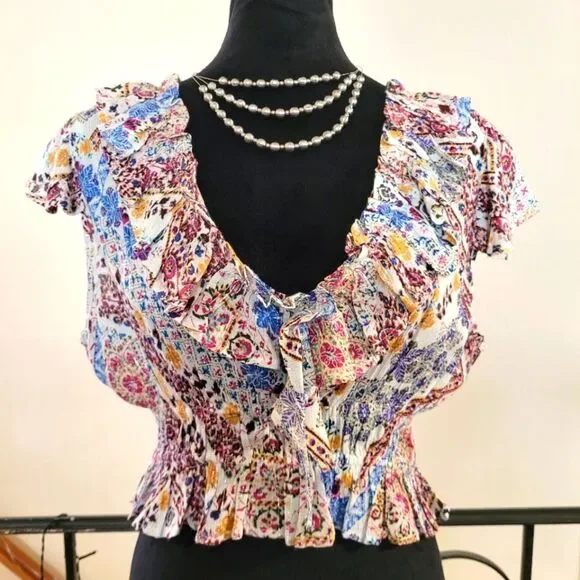 Nwt RAGA Multicolor Short Sleeve Ruffle Top Size Medium - Picture 12 of 16